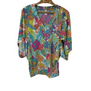 Trina Turk Womens Pirouette V Neck Casablanca Tunic Swim Cover Up Dress M Resort